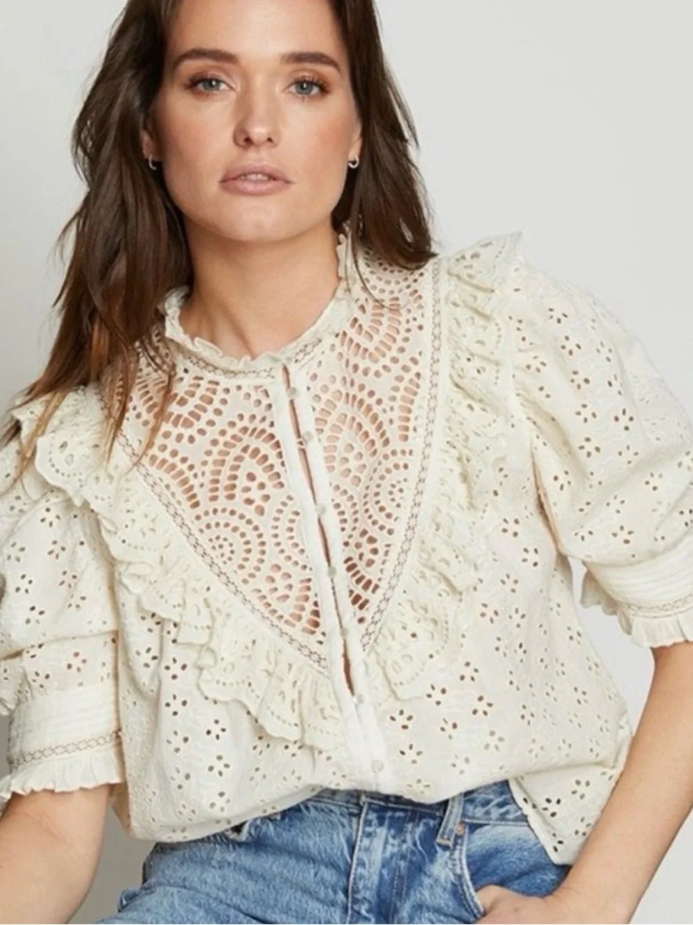 Love the Label XS NWT Anthropologie Eyelet Dreamer Ruffle Lace Trim Blouse boho